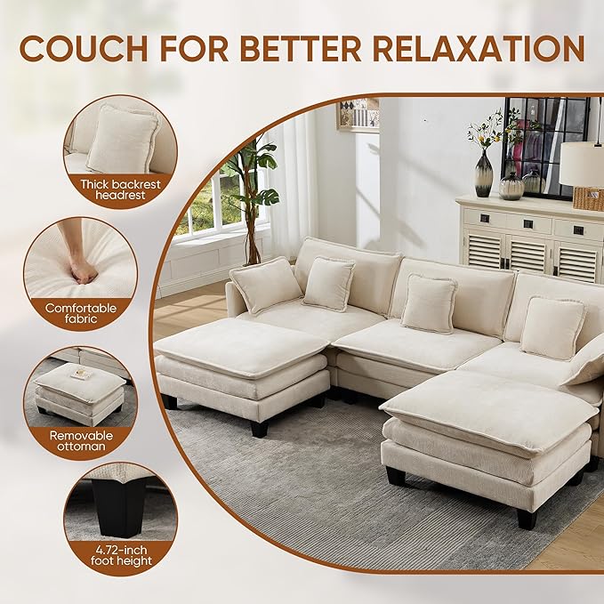 108 L Shaped Modular Sectional Cloud Couch with Ottoman 3 Seats Modern Sofas with Charger USB &amp Type-c Port with Deep Seat for Living Room Bedroom and Apartment White