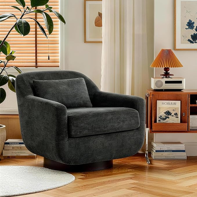 Swivel Accent Chair 360° Swivel Upholstered Barrel Chair for Living Room Comfy Club Armchairs Reading Chair with Curves Back Design Metal Swivel Base Chenille Fabric Dark Gray