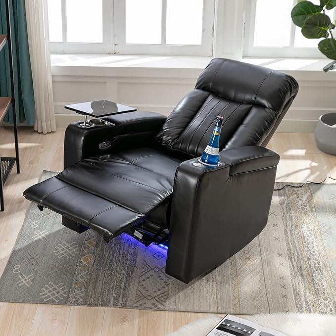 Black Power Recliner Chair with Cupholders &amp Storage - Armchair Electric Reclining with USB Port 360° Swivel Tray Table Cell Phone Stand Ambient Lighting Leather Living Room Chair for Home The