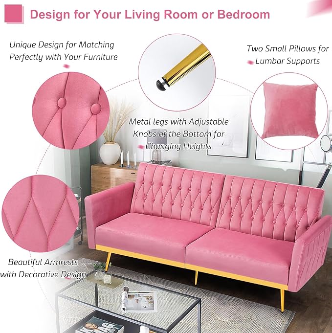 70” Velvet Futon Sofa Bed with 2 Pillows and Adjustable Armrests Convertible Sleeper Bed Modern Loveseat for Living Room Bedroom Pink