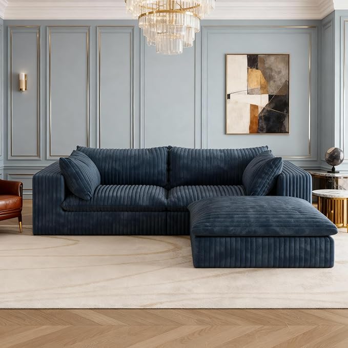 Boneless Corduroy Modular Couch with Ottoman 78.8 Comfy Cloud Couch for Small Spaces Deep Seat &amp Memory Foam No Assembly Required Compression Couches for Small Spaces(Blue) | Fluffy Throw Pi