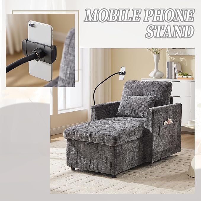 Multifunctional Recliner Sofa Chair with Storage Phone Holder &amp Adjustable Backrest Chenille Fabric Single Leisure Chair for Living Room Bedroom Small Spaces (Grey)