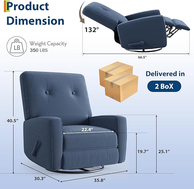 Recliner Chair 360° Swivel Rocking Glider Chair for Adults with Adjustable Backrest &amp Footrest Cozy Corduroy Upholstered Armchair for Living Rooms Bedrooms Blue