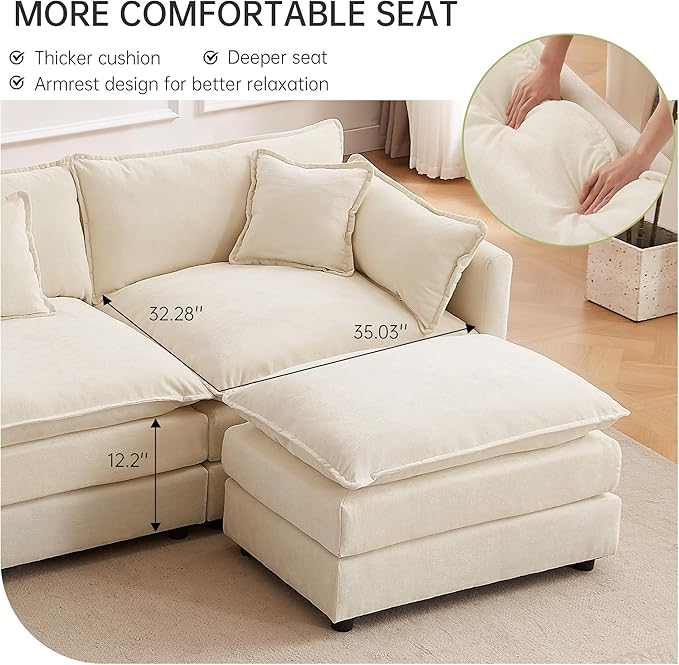 Modular Sectional Sofa 112.2 Inch Rectangle Shaped Couch Set with Armrests 3-Seater Comfy Cloud Couches for Living Room Apartment Beige