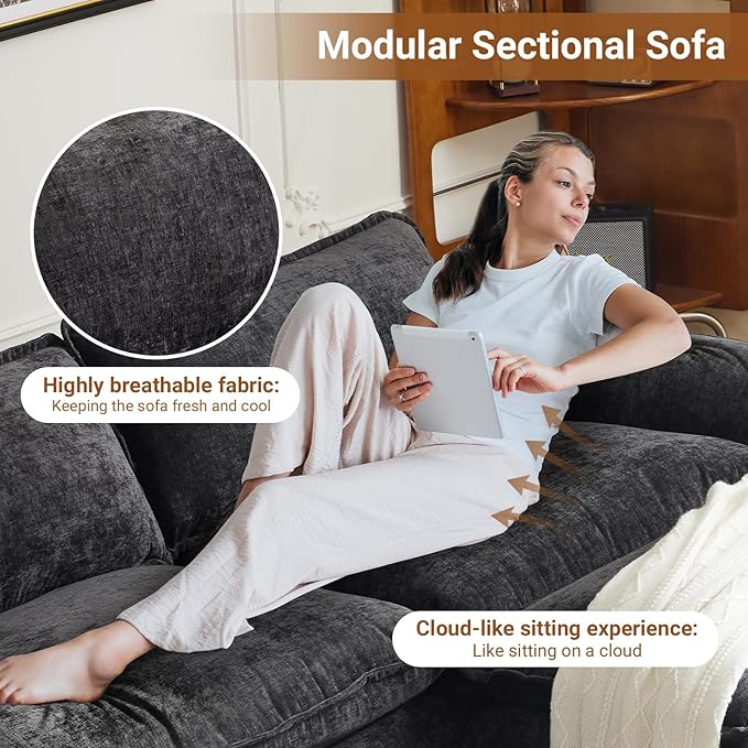 VINGLI 87 Convertible Sectional SofaL-Shape Deep Seat Sofa Couch for Living RoomModern Chenille 2 Seat Loveseat Sofa with Ottoman for Small Space(Black 87)