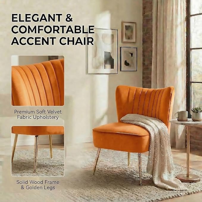 DUOMAY Modern Accent Chair Set of 2 Velvet Slipper Chair with Gold Legs Wingback Side Chair for Living Room Bedroom Entryway Small Corner Chair for Space Saving Orange