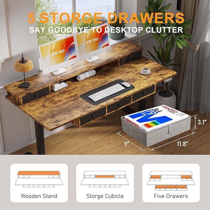 XINYAO Electric Standing Desk with 5 Drawers 63x30 Inch Extra Wide Height Adjustable Sit Stand Up Desk with Storage Support 290lbs Ergonomic Rising Table with Wheels for Home Office