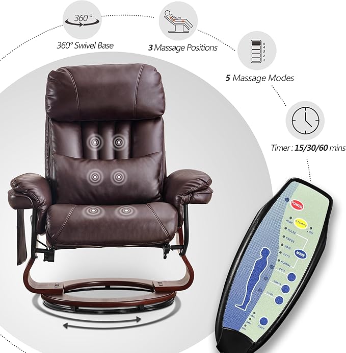 MCombo Swivel Recliner with Ottoman Faux Leather TV Chair with Vibration Massage Ideal for RV Small Space Living Room &amp Bedroom 4999 (Faux Leather Dark Brown)