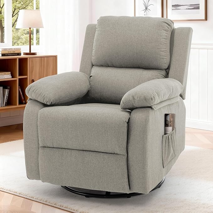 Recliner Chair 360 Swivel Rocker Chair for Adults Small Rocking Recliner for Small Spaces Upholstered Fabric Glider Recliner Nursery (Swivel Rocker Recliner Light Khaki)