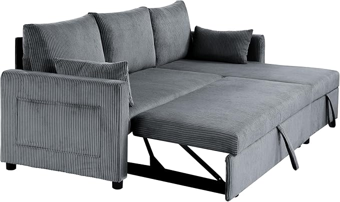 Queen Sleeper Sofa Convertible Sofa Bed with Storage 85 Inch Sectional Couch with Pull Out Bed L Shaped 3 Seat Sectional Sleeper Sofa for Living Room Apartment Grey