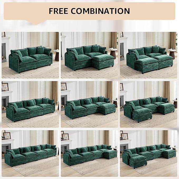 146.5 Green Modern Large Sectional Couches for Living Room Chenille Fabric Modular Sectional Sofa Oversized 4 Seater Cloud Couch for Apartment Deep Seat Sofas Set Sofa para Sala