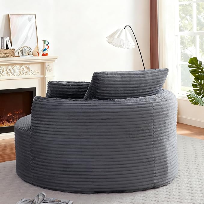 53W Oversized Round Chair Lounge Chaise Indoor Corduroy Comfy Circle Reading Armchair Upholstered Modern Cloud Boneless Chairs Cozy Floor Sofa Chair for Living Room Bedroom Apartment(Grey)