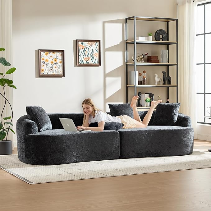 Curved Sectional Couch 110 Chenille Cloud Sofa with 4 Pillows 4-Seater Sleeper Sofa for Living Room Apartment Full Compression Sponge (Black 110 Inch)
