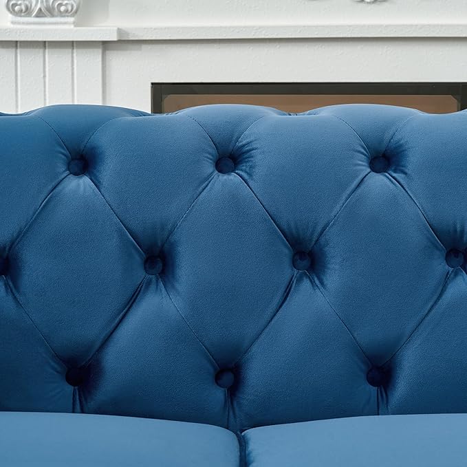 Loveseat Velvet Fabric Two- Seater Couch Buckle Design and Rivet Decoration Deep Seated Double Sofa Suitable for Living Room Bedroom Apartment Hotel etc (blue-01)