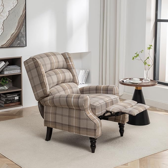 Upholstered Wingback Recliner Chair Plaid Recliner Chair Armchair Adjustable Footrest Push Back Reclining Sofa Mid-Century Modern Lounge Armchair for Living Room Bedroom Reading -- Natural
