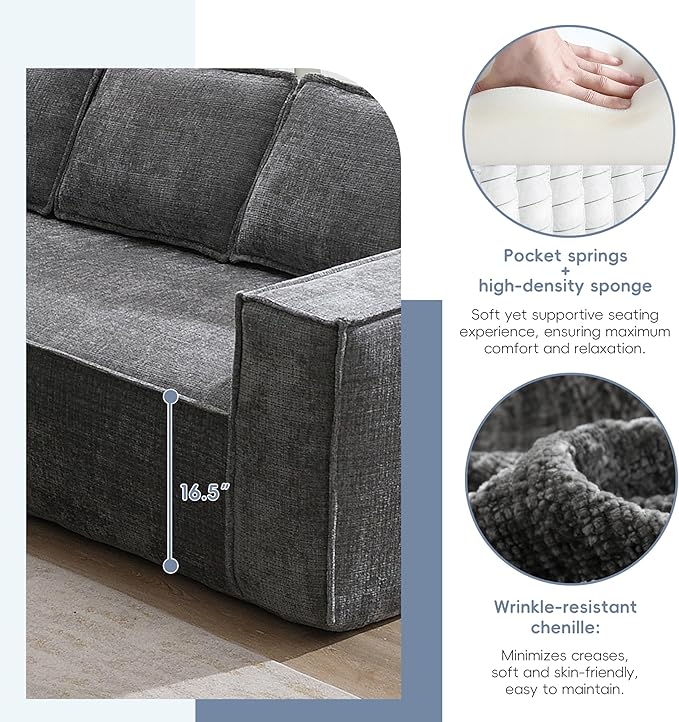 129.5 Minimalist Style Modular Sectional Sofa 6 Seat Wrinkle-Resistant Chenille Couch Set 2 PC Free Combination Modern L-Shaped Cloud Sofa Set for Living Room (Gray-ER11)