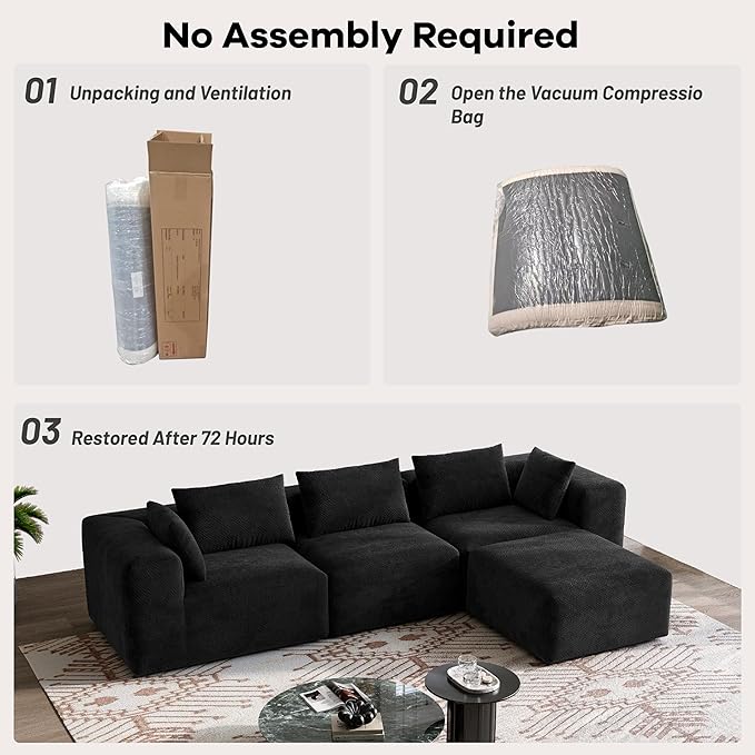 103 Boneless Sectional Couch Sofa - Black Cloud Couches for Living Room Faux Fur Modular Sofas with Deep Seat L-Shaped Couch with Movable Ottoman No Assembly Required