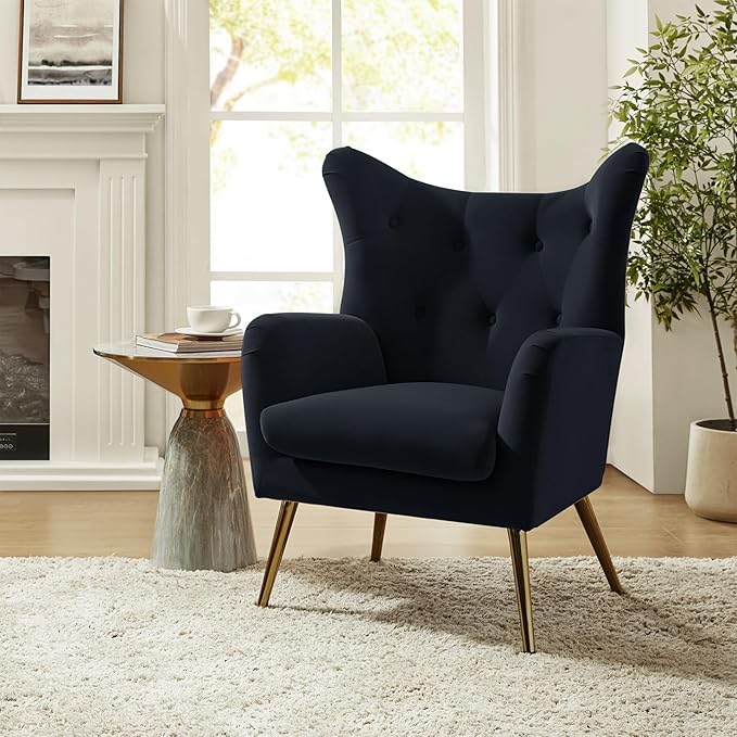 HULALA HOME Velvet Accent Chair Set of 2 Modern Wingback Arm Chair with Metal Gold Legs Velvet Tufted Upholstered for Living Room Bedroom(Black)