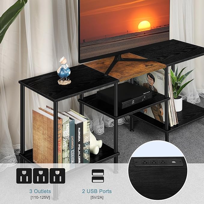 TV Stands for Living Room 50 inch TV Stand with Power Outlet Entertainment Center with Storage 3 Tier TV Console Table for 50 43 40 32 inch TV Black