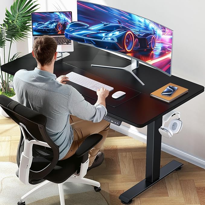 Veken Standing Desk Electric 47.2 Inch Height Adjustable Sit Stand Up Wood Desktop Work Home Office Computer PC Table Tall Standup Workstation Gaming Writing Study Bedroom Rising Desks Black