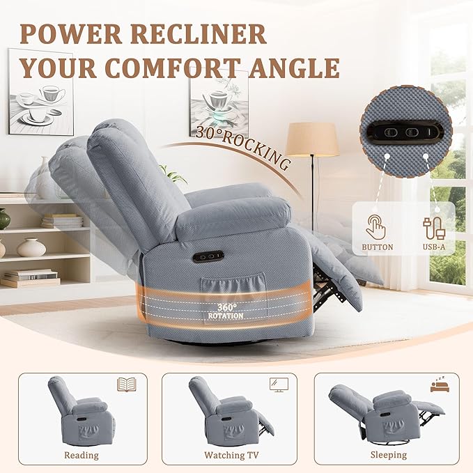 Rocker Recliner Chairs for Adults Swivel Rocking Chair with Heat and Massage Modern Electric Recliner with Extra Wide Waffle Fabric Massage Chair Recliner for Living Room Bedroom