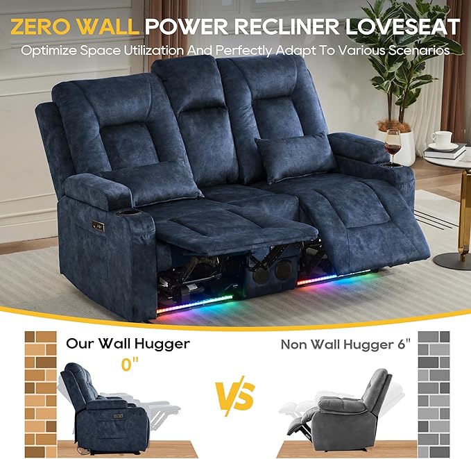 IPKIG Power Recliner Loveseat with Console Zero Wall Hugger Sofa Couch Velvet 2-Seater Sofa with LED Lights AC Outlets USB Ports Cup Holders Blue | Storage Drawer Bluetooth Speaker Living Room