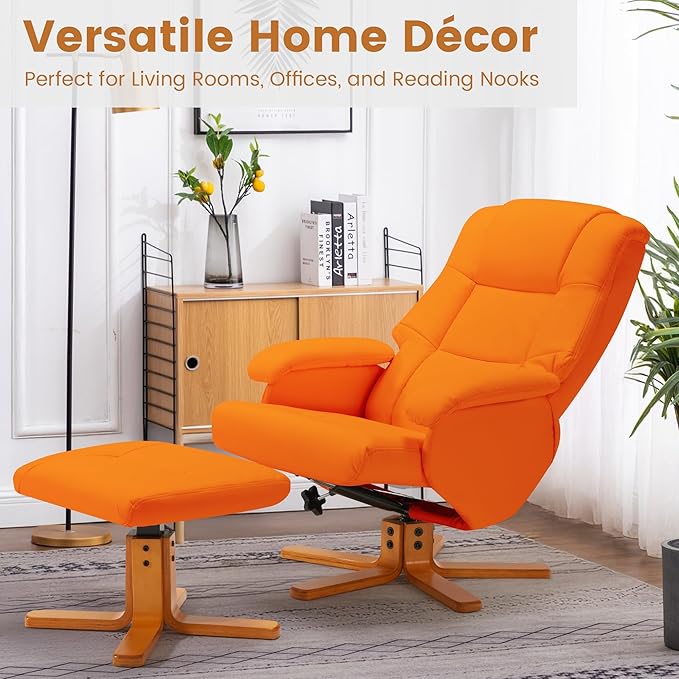 Swivel Recliner with Ottoman Reclining Chair and Footrest PU Leather Upholstered Chair Ottoman Set with Wrapped Base for Living Room Bedroom and Home Office Orange