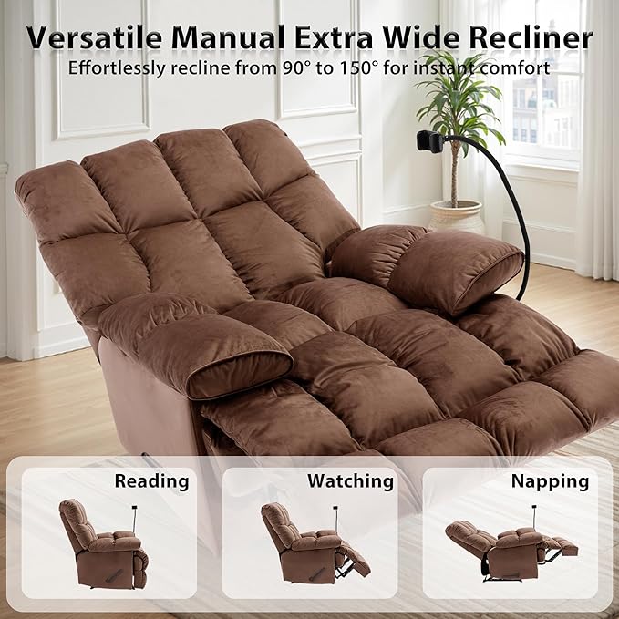 Oversized Recliner Chair with Phone Holder Manual Velvet Big Man Recliners Supports Up to 400 LBS Extra Wide Recliner Chairs for Bedroom Living Room and Home Theater Brown