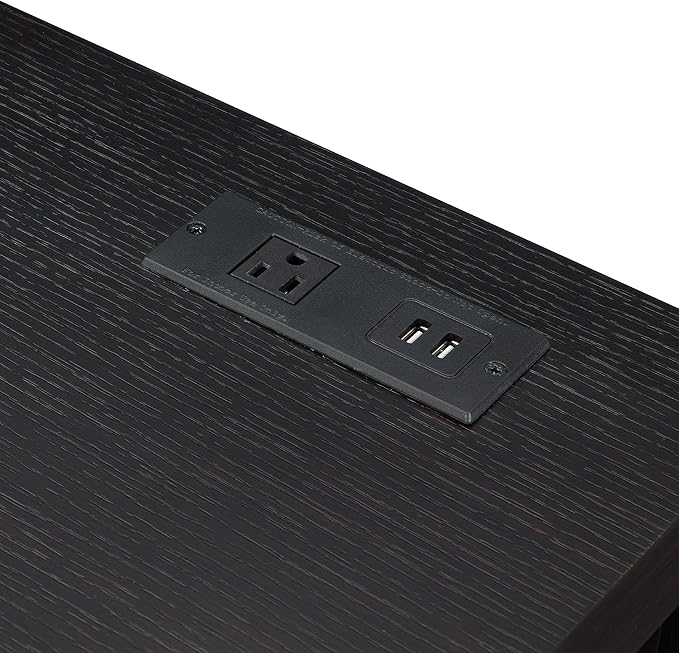 Pemberly Row Two-Drawer Desk with Charging Station Black Wood Finish 47.25 in x 23.25 in x 30.75 in Includes USB Ports and Outlet Concealed Storage Home Office Desk for Workspace Organization