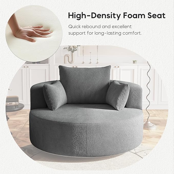 Oversized 360° Swivel Barrel Chair for Living Room Modern Comfy 56.3'' Round Boucle Reading Accent Chair with Extra Wide &amp Deep Seat Overstuffed Cushions Easy Assembly Slate Grey