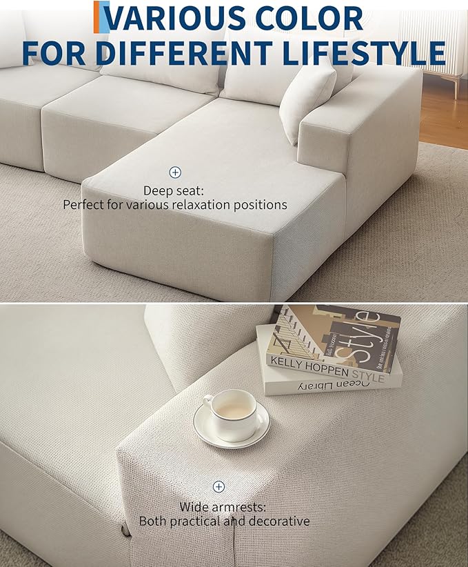 GarveeLife 108” Modular Sectional Sofa Cloud Sectional Couch with L-Shape Chaise Modern Modular Deep Seat Sofa Couch Upholstered Boneless Couches for Living Room Bedroom Right Facing Chaise Beige