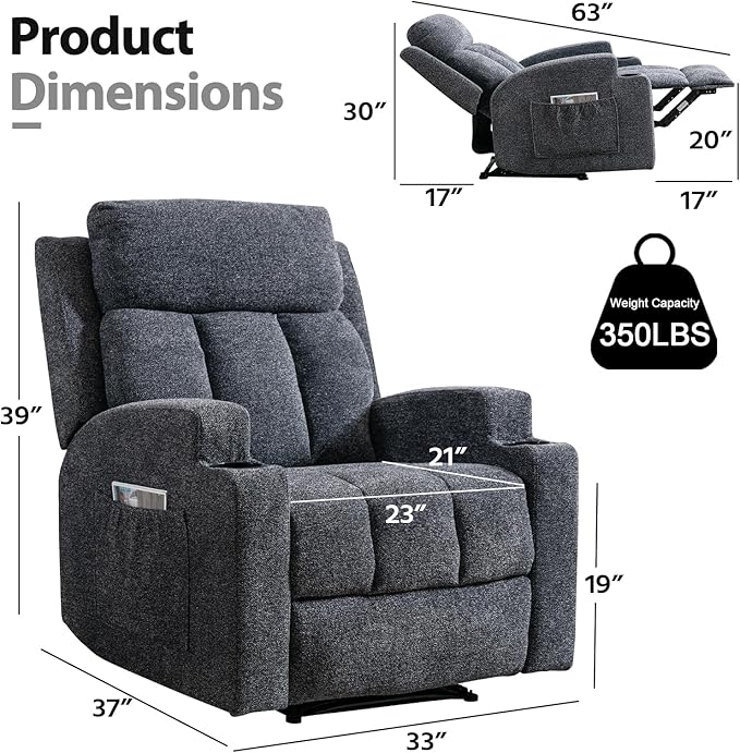 CANMOV Manual Massage Heat Recliner Chair Set of 3 Soft Fabric Recliner Chair with Overstuffed Arm and Back Manual Reclining Single Sofa with 2 Cup Holders Side Pocket for Living Room Dark Grey