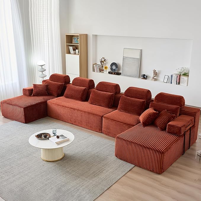 171″ Cloud Modular Sectional Sofa U Shaped Boneless Couch with Reversible Chaise Sectional Couches for Living Room Corduroy Oversized Couch in a Box No Assembly Required Orange