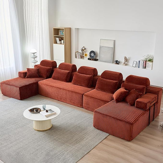 171″ Cloud Modular Sectional Sofa U Shaped Boneless Couch with Reversible Chaise Sectional Couches for Living Room Corduroy Oversized Couch in a Box No Assembly Required Orange