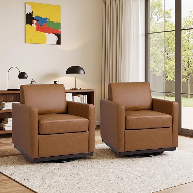 Faux Leather Swivel Accent Chairs Set of 2 360° Swivel Upholstered Club Armchairs for Living Room 31 Wide Square Single Sofa Reading Chair with Deep Seat Metal Swivel Base Brown