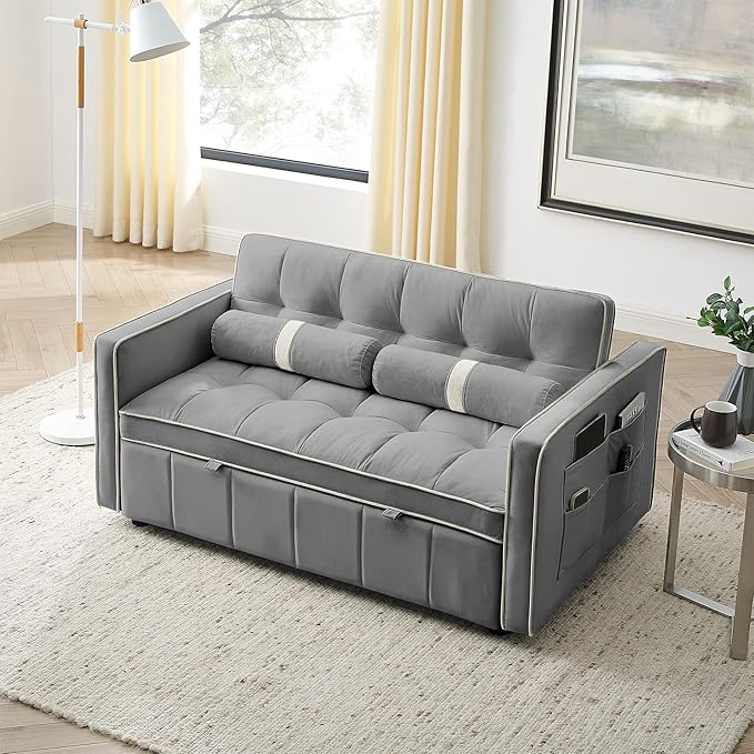 3 in 1 Sleeper Sofa Couch Bed Small Tufted Velvet Convertible Loveseat Futon Sofa w/Pullout Bed Adjustable Backrest Cylinder Pillows for Living Room Apartment Easy to Assemble Grey 55.5