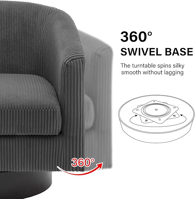Swivel Barrel Accent Chair Modern Round Corduroy Fabric Arm Chair for Living Room Bedroom Comfy Club Reading Chairs for Adults (Corduroy Grey Set of 1)