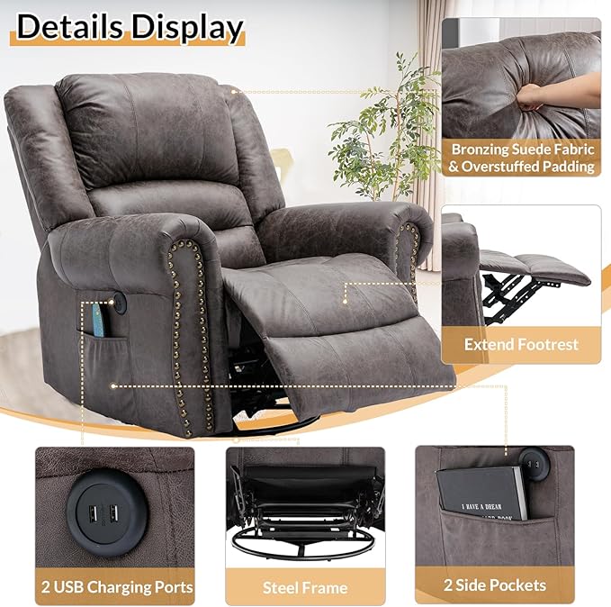 Manual Massage Recliner with Heating Function 360° Swivel Glider Rocking Recliner Chair for Living Room Ergonomic Single Sofa Chair with Remote Control/USB Ports/Side Pockets(Grey)