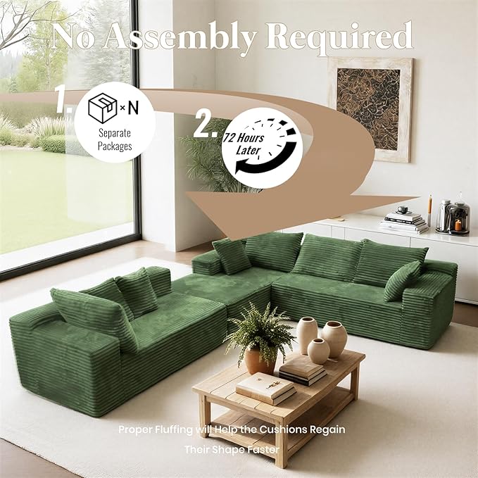 135'' Boneless Couches for Living Room Oversized V-Shaped 6-Seat Faux Fur Convertible Modular Sectional Cloud Sofa 4-in-1 Flexible Combination Deep Seat Corner Large Couch No Assembly Green