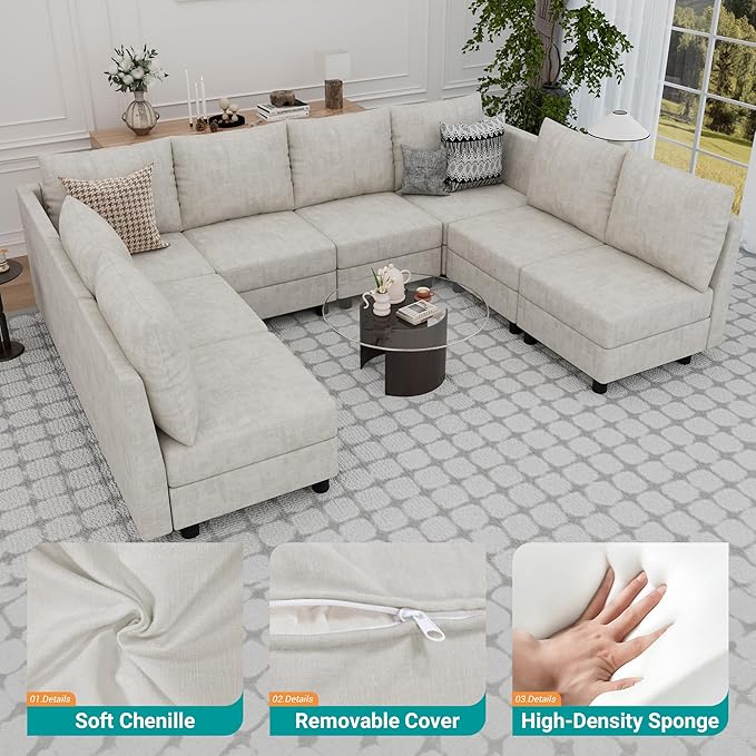 Fiona's magic Modular Sectional Sofa Set 8 Seats Sleeper Sofa Couch with Storage Sectional Sofa Couch with USB Charging Port Modern Comfy Chenille Couch for Living Room Beige