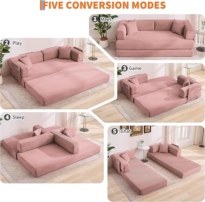 Convertible Sleeper Sofa Bed 78.8 Floor Sofa Bed 5-in-1 Folding Mattress Couch Loveseat with Fixed-Shape Frame Pillow Corduroy Fabric for Living Room Bedroom Lounge (Pink)