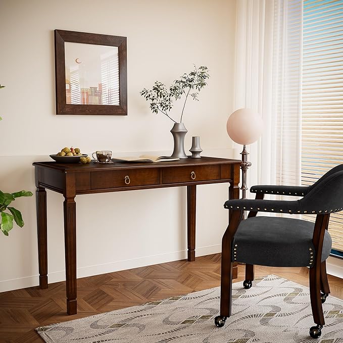 Vintage Wooden Writing Desk with 2 Drawers Solid Computer Desk Workstation 46in Wide Study Table for Home Office Small Secretary Table in Cherry Walnut BSZ-D1258