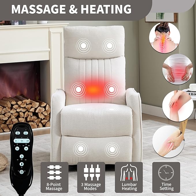 Beige 360° Swivel Rocker Recliner Chair Massage Reclining Chair with 8-Point Vibration &amp Lumbar Heat for Adults Elderly 155° Recline Easy Assembly for Living Room