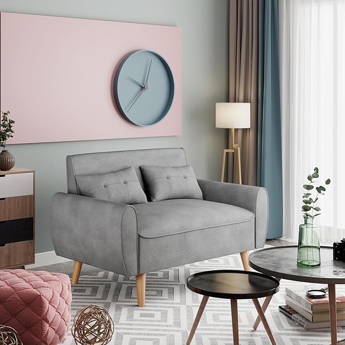 Vongrasig 47 Small Modern Loveseat Sofa Mid Century Linen Fabric 2-Seat Sofa Couch Tufted Love Seat with Back Cushions and Tapered Legs for Living Room Bedroom and Small Space (Light Gray)
