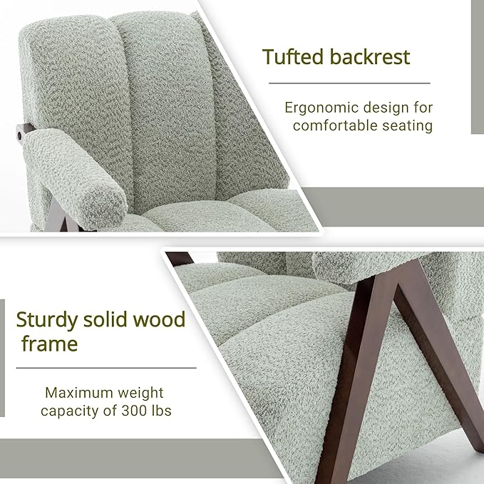 Mid Century Modern Accent Chair with Solid Wood Frame Boucle Upholstered Living Room Chairs with Thick Cushion Comfy Tufted Arm Chair for Bedroom Sage
