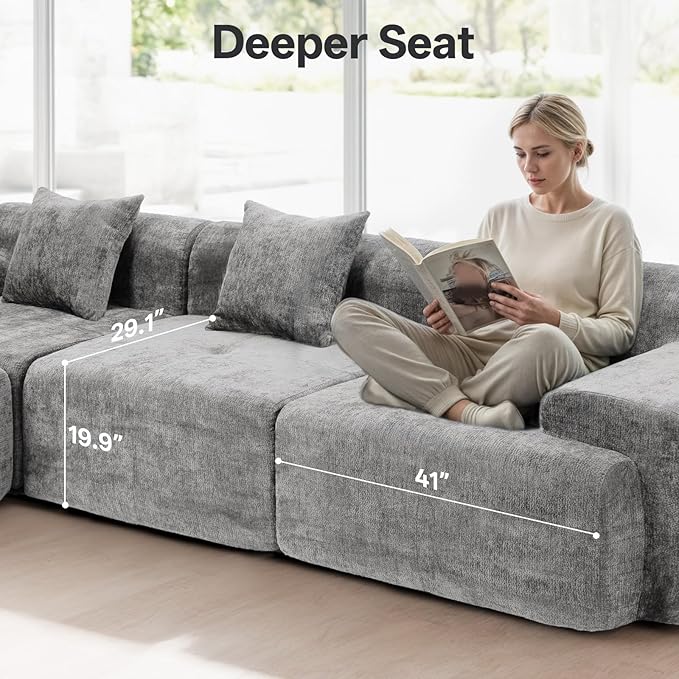 118 Cloud Sectional Couch for Living Room Boneless 4-Seater Lounge Couch with Deep Seat and Movable Ottoman Gray