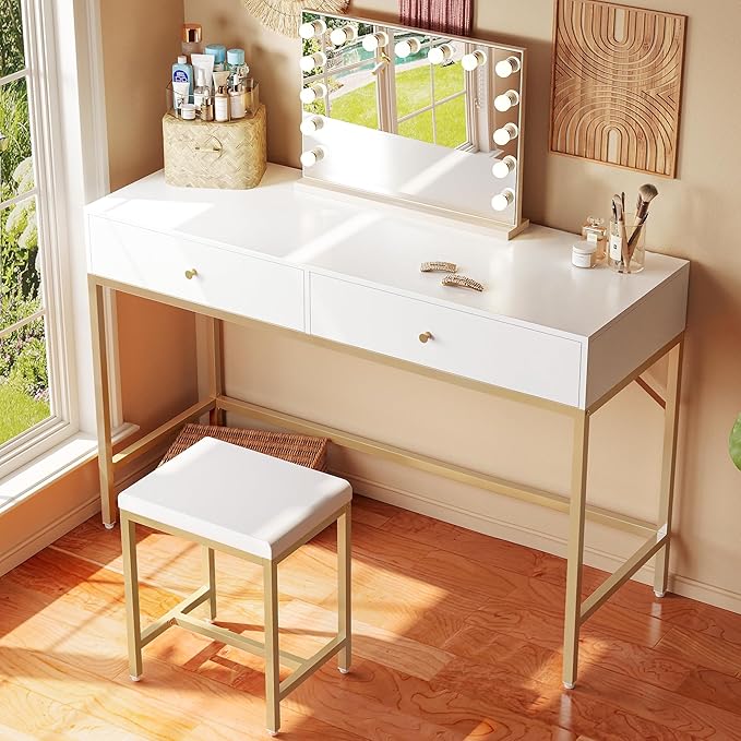 SUPERJARE 43-inch Modern White &amp Gold Desk - 2 Drawer Vanity Computer &amp Home Office Study Desk for Writing &amp Bedroom