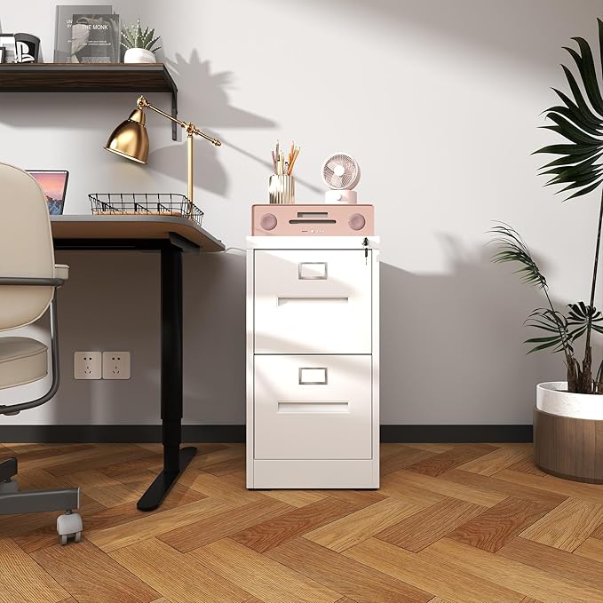 2 Drawer File Cabinet with Lock Small A4 Legal/Letter Size Filing Cabinets Under Desk Storage Organizer for Home Office Locking Cabinet DrawersWhite