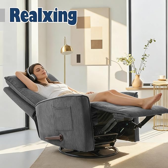 Manual Rocker Recliner Chair Nursery Glider Chair for Adult with High Back&ampDeep Seat Swivel Rocking Recliner Chair for Living Room Bedroom RV Nursing Grey