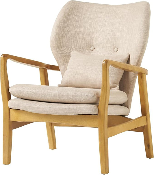 Mid-Century Accent Chairs Modern Upholstered Living Room Chair Cozy Armchair Button Tufted Back and Wood Legs for Bedroom/Office/Cafe/Living Room (Beige)